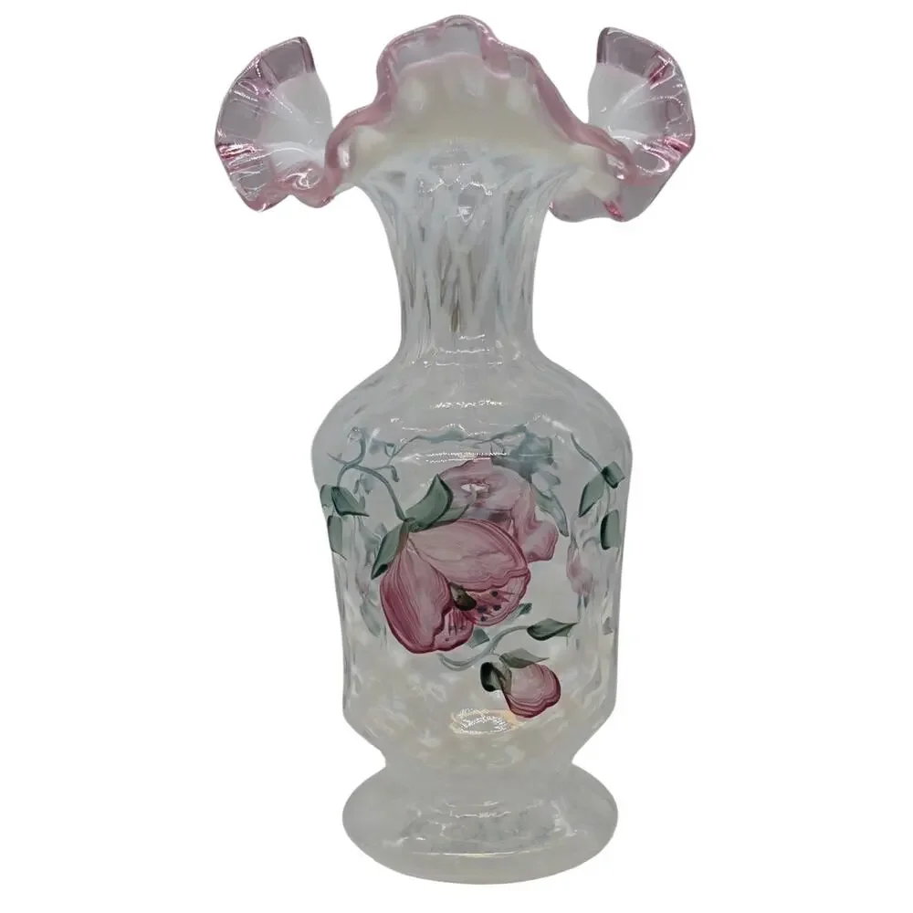 FENTON FRENCH OPAL LATTICE DECORATED VASE PINK CREST SIGNED